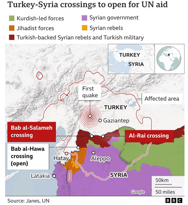 Kartendarstellung des Erdbebenepizentrums und der Grenzübergänge zwischen Syrien und der Türkei