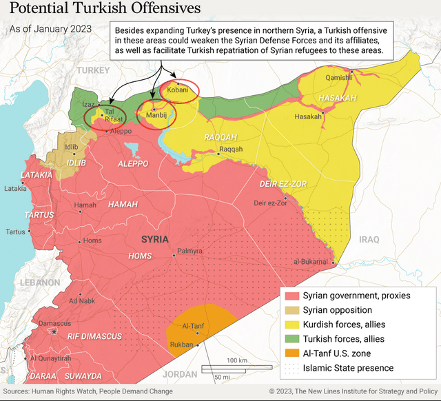Karte Syriens mit eingekreisten Ortschaften, Manbij, Tal Rifaat und Kobane, wo mögliche türkische Operationen stattfinden könnten
