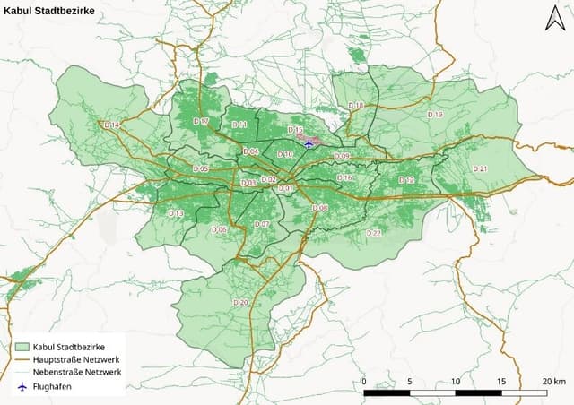 Karte von Kabul-Stadt mit Unterteilung in Bezirke sowie Darstellung der Hauptverkehrswege und des Flughafens