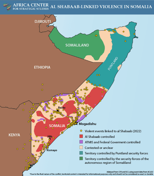 Dieses Bild zeigt die Gebiete unter Kontrolle unterschiedlicher Akteure sowie "violent events linked to al Shabaab" für das Jahr 2022.