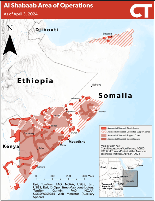 Landkarte zeigt Gebiete der al Shabaab in Somalia