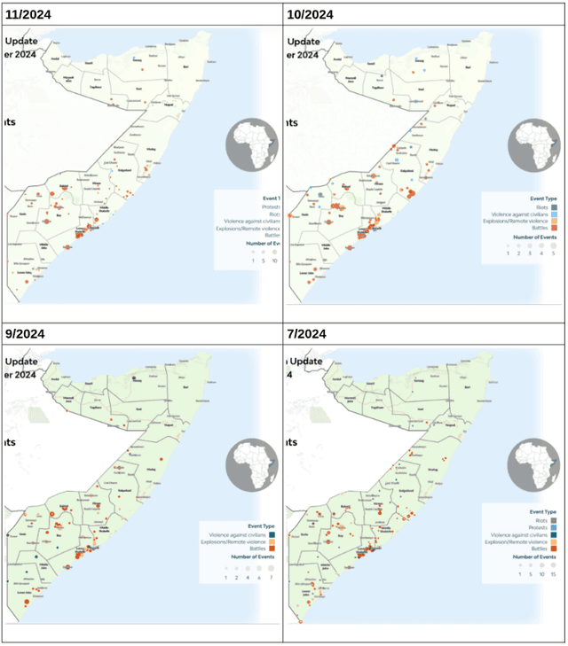 ACLED Vorfälle auf Landkarten notiert für vier Monate