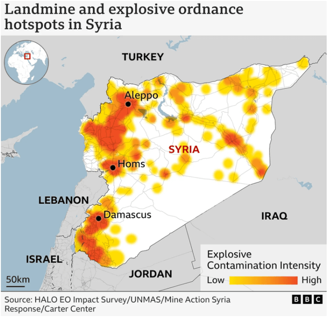 Karte von Syrien, die die Hotspots der mit Kampfmittelresten kontaminierten Gegenden farblich anzeigt