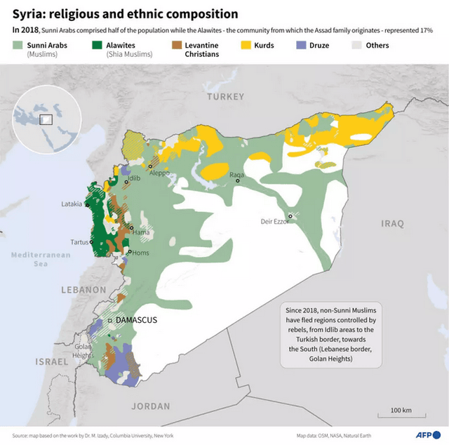 Das Bild zeigt die ethnische und religiöse Zusammensetzung Syriens auf einer Karte