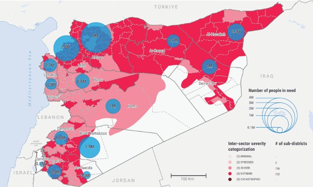 Karte, die die Anzahl der hilfsbedürftigen Personen anzeigt durch Kreise und auf Distrikebene durch Farbe