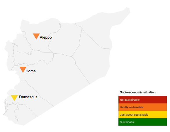 Karte, die farbige Pfeile in den drei Städten Damaskus, Homs und Hama zeigt. 