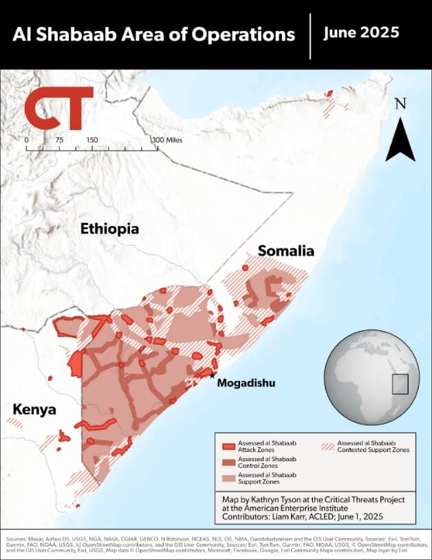 Landkarte zeigt Gebiete der al Shabaab in Somalia