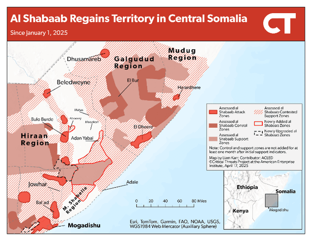Das Bild zeigt Kontrollzonen in Zentralsomalia im April 2025