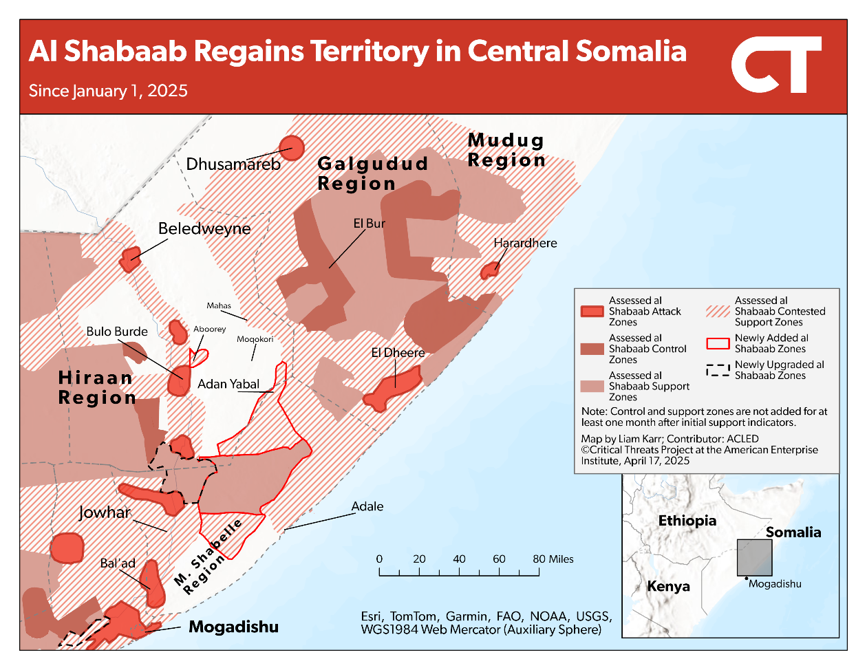 Das Bild zeigt Kontrollzonen in Zentralsomalia im April 2025