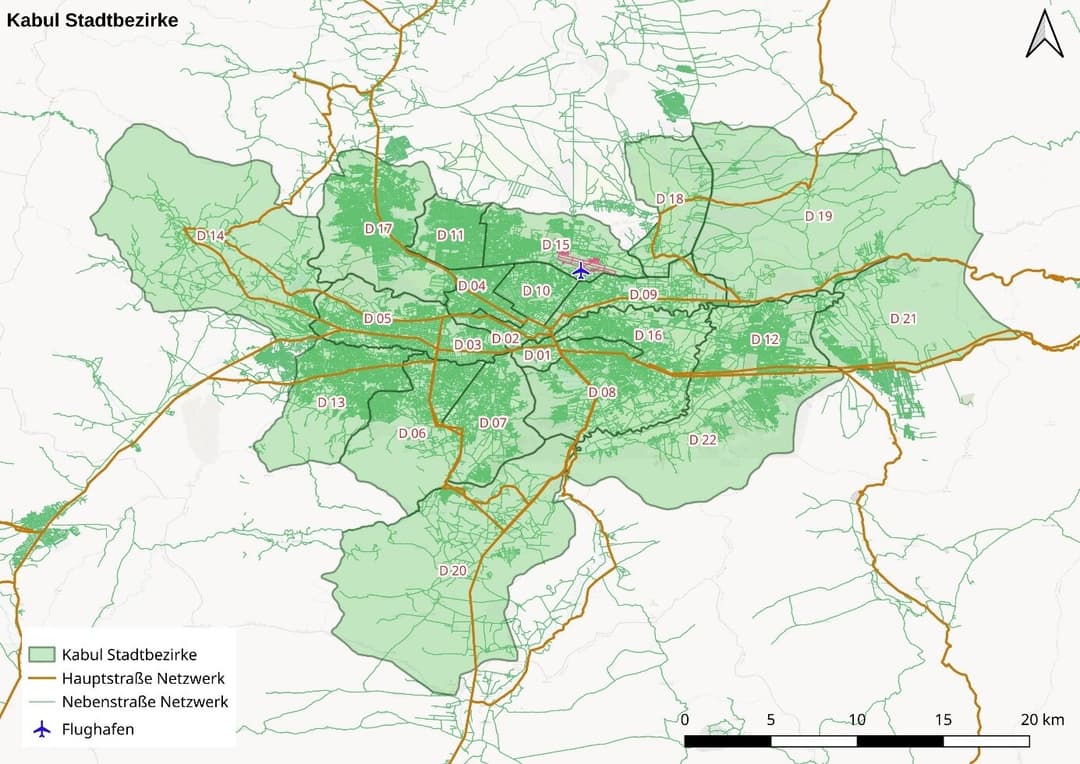 Karte von Kabul-Stadt mit Unterteilung in Bezirke sowie Darstellung der Hauptverkehrswege und des Flughafens