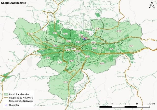 Karte von Kabul-Stadt mit Unterteilung in Bezirke sowie Darstellung der Hauptverkehrswege und des Flughafens