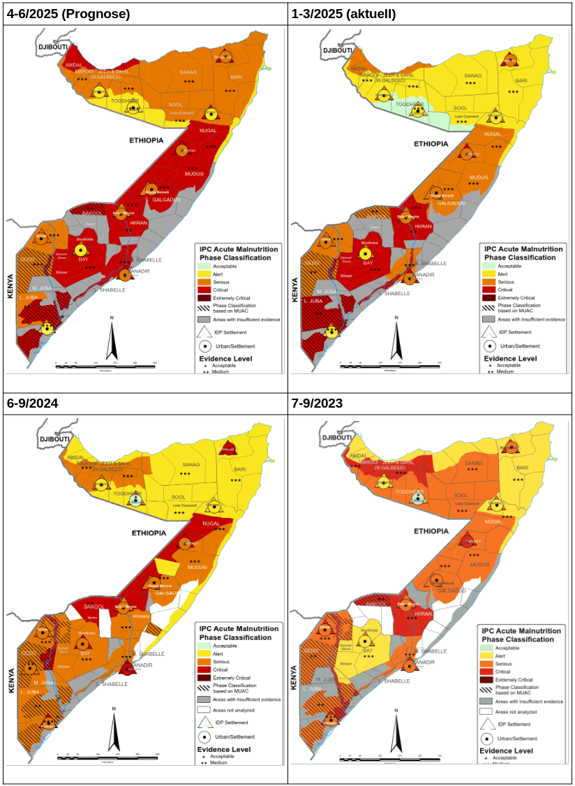 Karten zeigen die Verteilung an Mangelernährung in den Jahren 2023 bis 2025