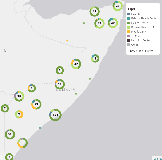 Die Karte zeigt Gesundheitseinrichtungen in Südzentralsomalia und Puntland