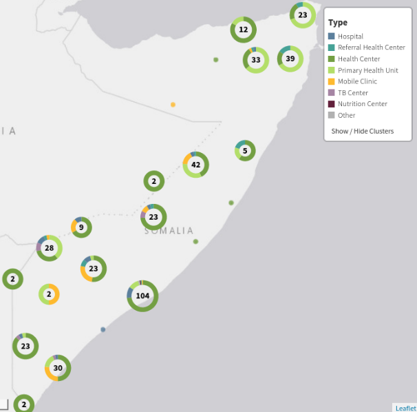 Die Karte zeigt Gesundheitseinrichtungen in Südzentralsomalia und Puntland