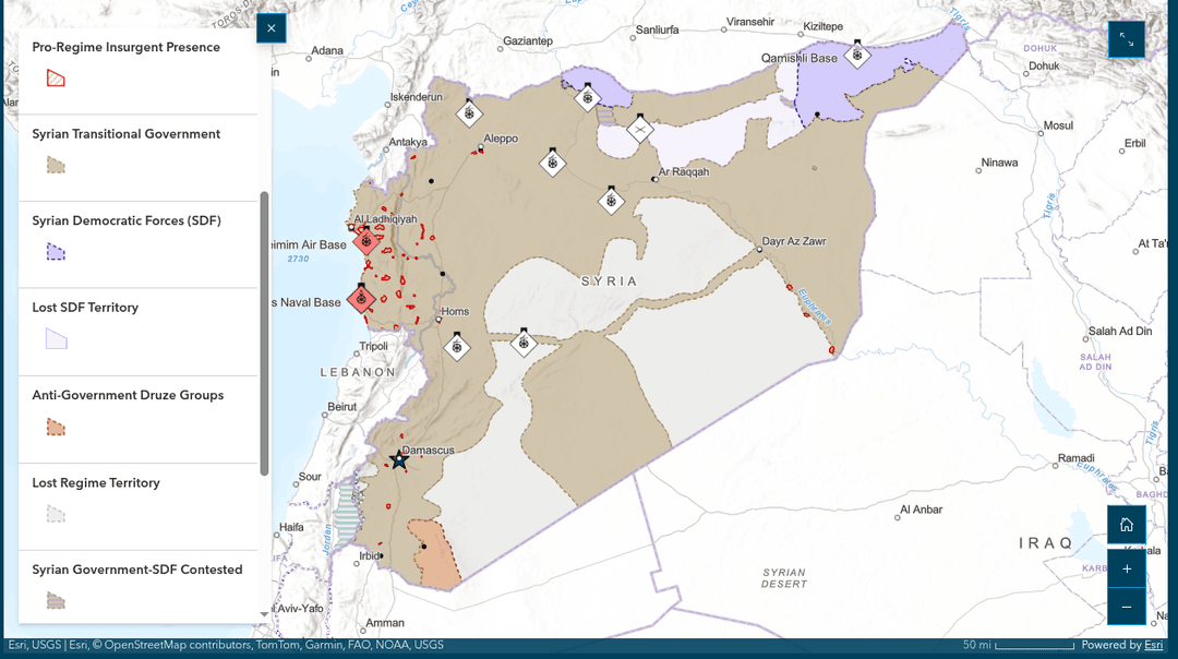 Karte der territorialen Aufteilung Syriens mit farblicher Unterscheidung mit Stand vom 17.Februar 2026
