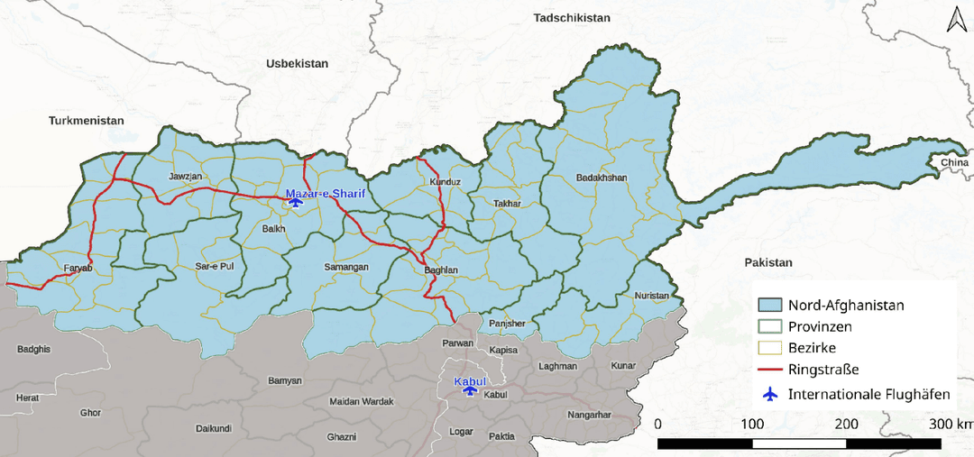 Karte der Region Nordafghanistan mit Aufteilung in Provinzen, Hauptverkehrswegen und Flughafen