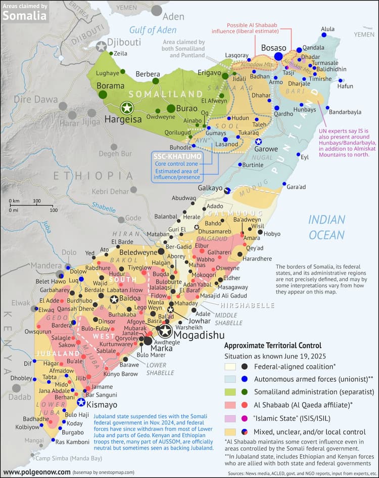 Das Bild zeigt eine Landkarte von Somalia, in welcher verzeichnet ist, welche Teile von welchem Akteur beeinflusst oder kontrolliert werden